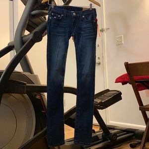 True Religion skinny stretch low rise dark blue jeans. Size 24